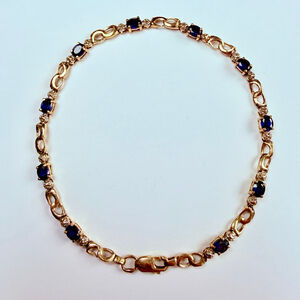 10k Solid Yellow Gold 1.5CT Oval Natural Blue Sapphire & Diamond Tennis Bracelet